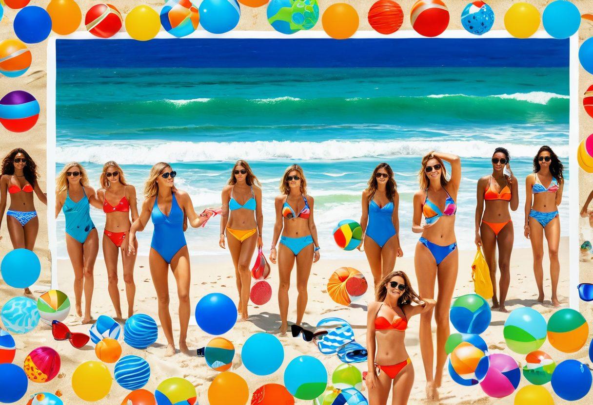 A vibrant collage of colorful modern swimwear on sun-drenched sandy shores, with a backdrop of sparkling blue waves and radiant sunshine. Showcase a diverse group of people joyfully embracing summer, their emotions reflecting connection and relaxation. Include stylish sunglasses, beach accessories, and playful beach balls to enhance the summer vibe. The scene radiates warmth and positivity, inviting viewers to immerse in the joy of beach life. vivid colors. super-realistic. bright and cheerful.